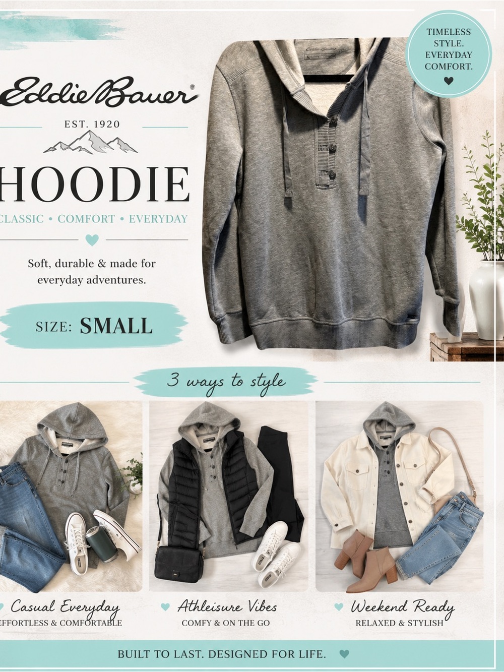 Eddie Bauer Gray Atheleisure Hooded Henley Sweatshirt. Great layering comfy.